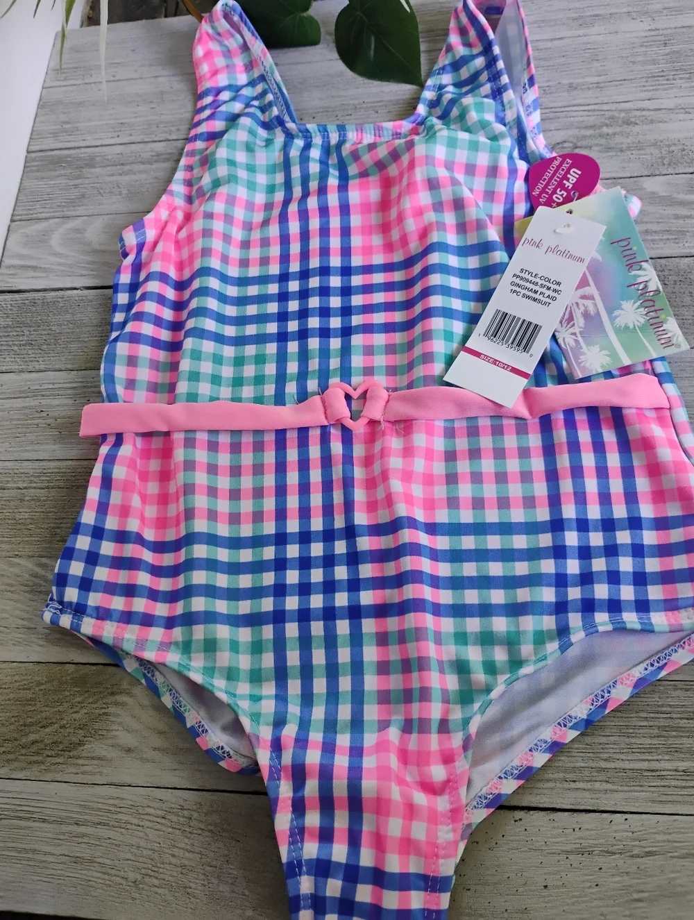 Gingham One-Piece Swimsuit Pink Platinum Size 10 /12 & Free Pair Of Swim Goggles